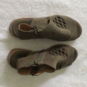 Suede double zipper open toe bootie sandals.